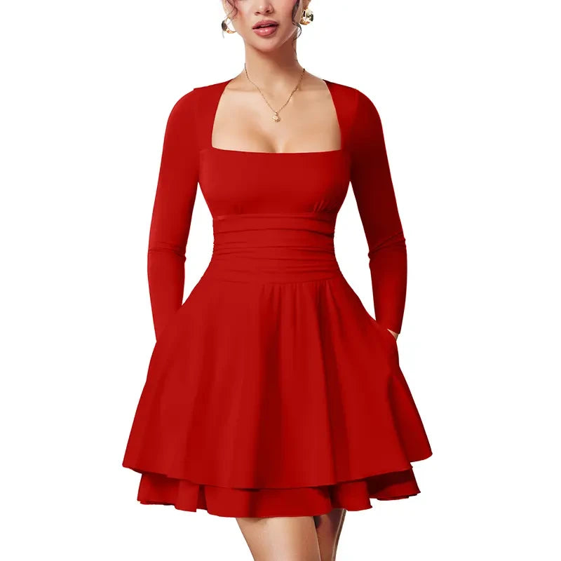 Square Neck Ruffle Hem Mini Dress