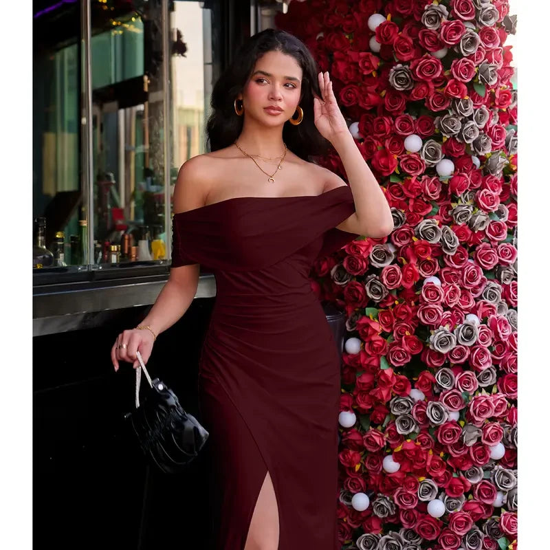 Off Shoulder High Split Maxi Dress