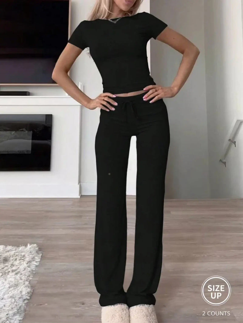 Cozy Crop Tee Drawstring Loungewear Set